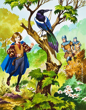 Boy in pursuit of a bird (gouache on paper)