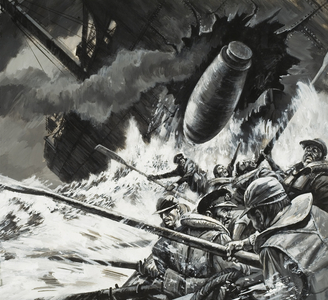 Naval War Scene (gouache on paper)