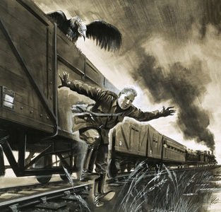 Young Winston Churchill makes his escape by train, in the company of a vulture