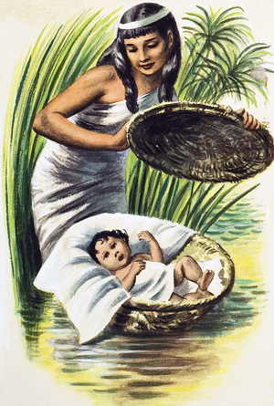 Moses being laid in the River Nile by Jochabed (gouache on paper)