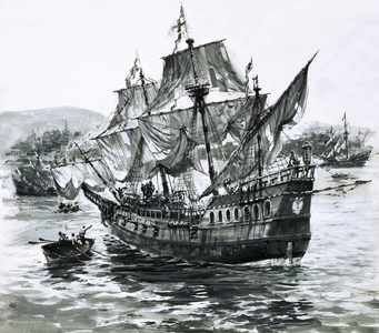 Drake's ship, the Golden Hind, limps back to Portsmouth carrying immense riches