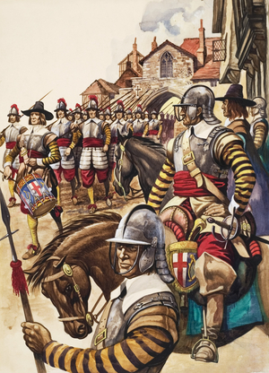 A group of pikemen of the New Model Army march into battle led by a drummer (gouache on paper)