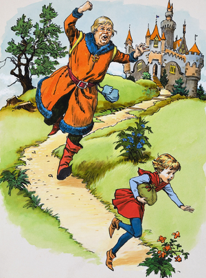 The Giant chases Jack, illusration from 'Jack and the Beanstalk', 1969 (gouache on paper)