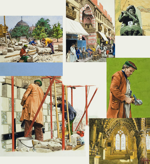 The skills and craft of the stonemason (gouache on paper)