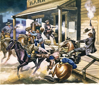 Bank robbery taking place in the Wild West