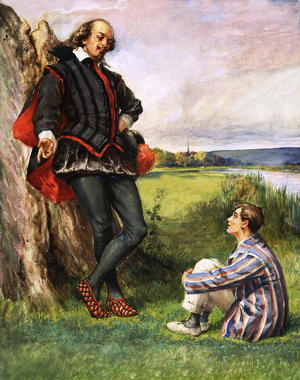 Unidentified scene of William Shakespeare talking to a modern schoolboy