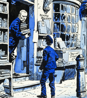 Orphan boy arriving to work at bookshop