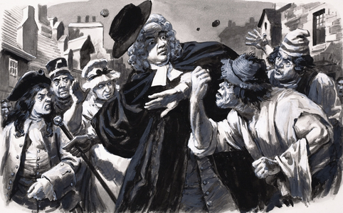 Jonathan Swift is met by an angry mob on his return to Dublin (gouache on paper)