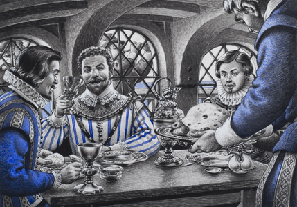 Sir Francis Drake (1540-96) at the Table (gouache on paper)