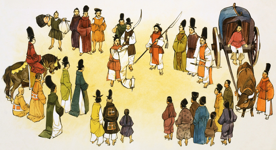 Unidentified scene of Japanese town cryer making announcement to crowd