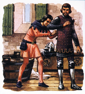 A squire shown fastening the Black Prince's armour before the battle of Crecy