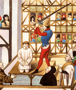The Duke of Burgundy has Jean de Montaigu beheaded, 1971 (gouache)