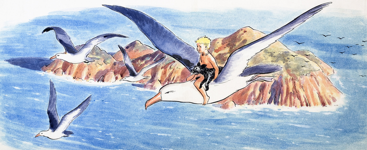 Ride on a Seagull, illustration from 'The Water Babies' by Charles Kingsley, 1965 (gouache on paper)