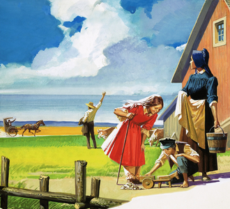 Unidentified American rural scene with Quaker (?) family