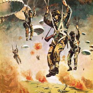 British 1st Airborne Division dropping on Arnhem on 17th September, 1944 (Operation Market Garden) (colour litho)