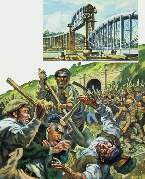 The first truss is raised on the Royal Albert Bridge at Saltash (gouache on paper)