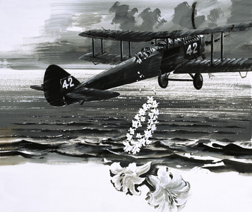 Unidentified bi-plane dropping a wreath