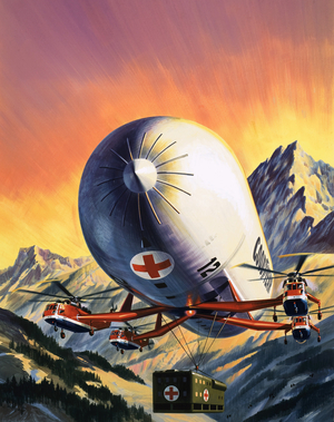 A futuristic combination of helicopters and airships used for carrying large loads