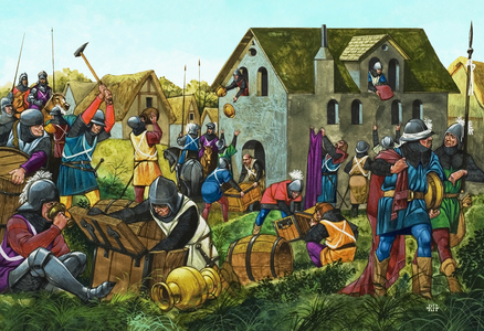 Medieval soldiers looting and pillaging