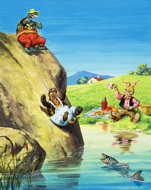 Brer Terrapin sliding into the river (gouache on paper)