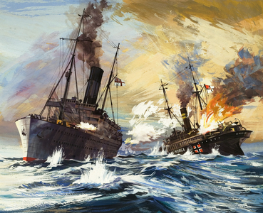 The battle between the British Alcantara and German Grail in World War I