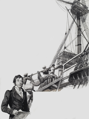Raffles leaves Singapore (gouache on paper)