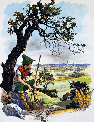 Boy looking down at a town (gouache on paper)