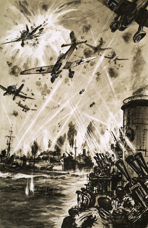 A British convoy in World War II under attack from German Stukas