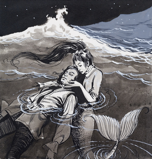 Drowned man being assisted by a mermaid (gouache on paper)