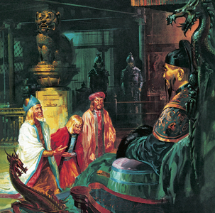 Marco Polo in front of Kublai Khan, 20th century (lithograph)