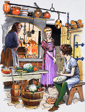 Boy peeling potatoes (gouache on paper)