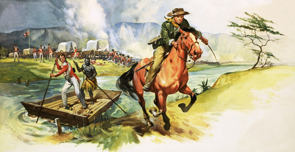 Unidentified cowboy riding away from river with English soldiers under attack on further bank