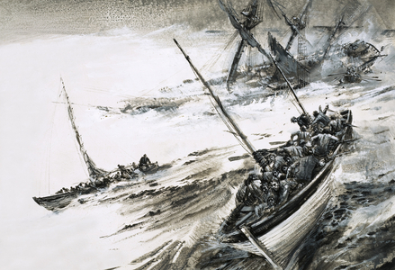 Unidentified shipwreck with lifeboats escaping into stormy seas