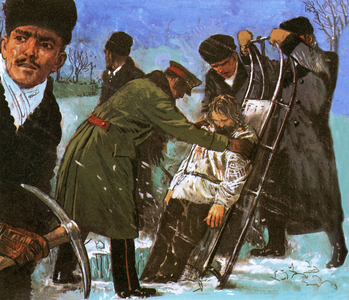 Rasputin's body being lowered through a hole cut in the ice