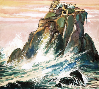 Peter Pan and Wendy Darling on a Rock, illustration from 'Peter Pan' by J.M. Barrie (gouache on paper)