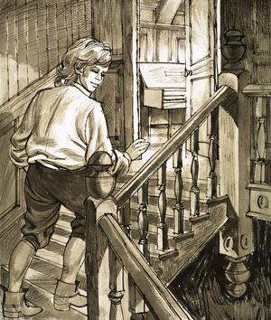 Young Handel creeps up the stairs to the attic to play the piano