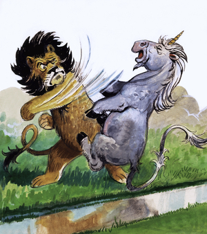Lion punching unicorn