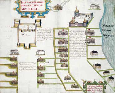 MS 634 ff.79v-80 The Salters' Buildings at Maghary Felt, from 'A Survey of the Estate of the Plantation of the County of Londonderry Taken in 1624 by Sir Thomas Phillips' (vellum)