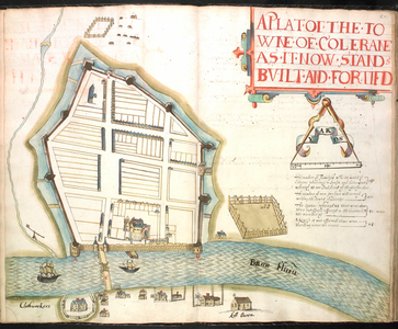 MS 634 ff.49v-50 Town Plan of Colerain, from 'A Survey of the Estate of the Plantation of the County of Londonderry Taken in 1624 by Sir Thomas Phillips' (vellum)