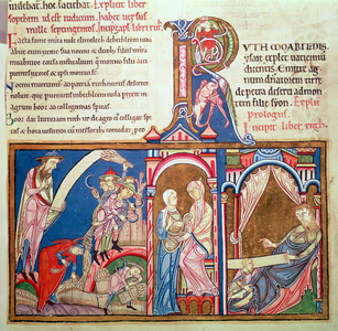 Ms 3 f.130 Ruth gleaning in the fields; Boaz, from the Lambeth Bible, Canterbury, c.1140-50 (vellum)