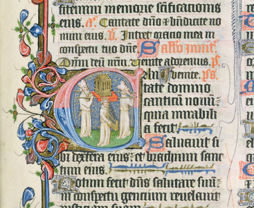 MS.69 f.237 Illuminated initial 'C' depicting two priests carrying the Ark of the Covenant accompanied by King David (vellum)