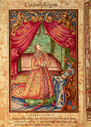 Frontispiece showing Queen Elizabeth at prayer, from 'Queen Elizabeth's Prayerbook', 1569