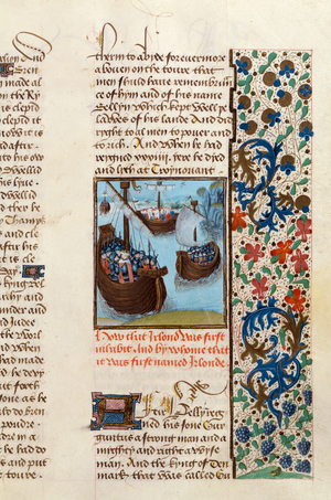 Ms 6 f.20 The first invasion of Ireland, 1169: soldiers in a boat approach the Irish coast, English with Flemish illuminations, from the 'St. Alban's Chronicle' (vellum)