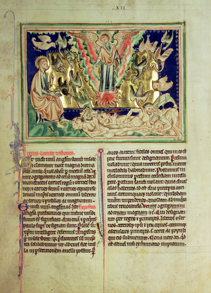 Ms 209 f.33v Angel summons the birds to eat the flesh of men, from the Lambeth Apocalypse, c.1260 (vellum)