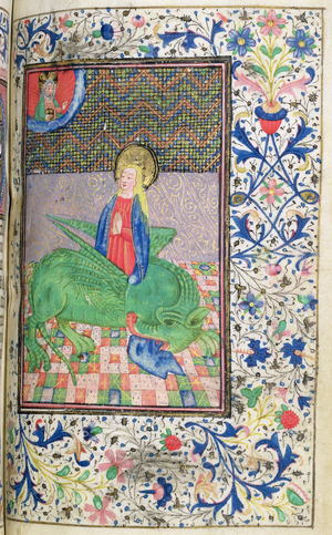 Ms 455 f.30v St. Margaret rises out of a green dragon, watched by Christ inset in clouds, Book of Hours, Flemish, for use in England, 15th century