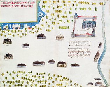 Ms 634 ff.67v-68 The Buildings of the Company of Mercers, from 'A Survey of the Estate of the Plantation of Londonderry Taken in 1624 by Thomas Phillips' (vellum)