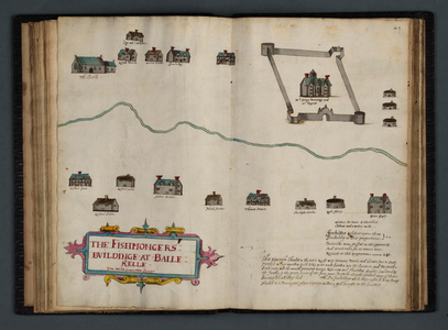 Ms 634 ff.28v-29 The Fishmongers' Buildings at Ballykelly, from 'A Survey of the Estate of the Plantation of the County of Londonderry Taken in 1624 by Sir Thomas Phillips' (vellum)