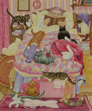 Grandma and 10 cats in the bedroom (w/c on paper)