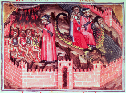 Canto XVII Four Sodomites: Dante and Virgil ride on the back of Geryon into the Circle of the Fraudulents, from the 'Divine Comedy' (the Inferno), c.1313 (vellum)