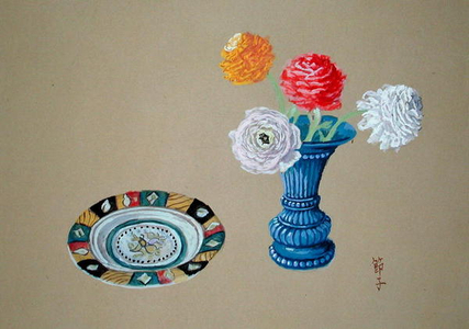 Renunculas and Plate, 1989 (gouache)